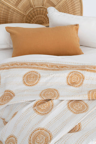 Linen Connections - Kantha Quilt Indian Quilt Block Print Quilt Bedspread